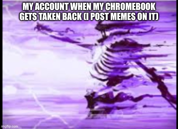 disintegrating skeleton | My account when my Chromebook gets taken back (I post memes on it) | image tagged in disintegrating skeleton | made w/ Imgflip meme maker