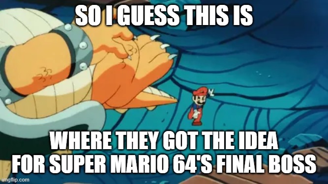 Mario throws Bowser—Scene from 1986 "Great Mission" Anime | so i guess this is; where they got the idea for super mario 64's final boss | image tagged in mario throws bowser | made w/ Imgflip meme maker