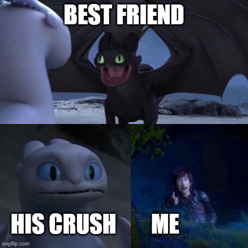 Me helping my friend | Best friend; His crush        Me | image tagged in night fury | made w/ Imgflip meme maker