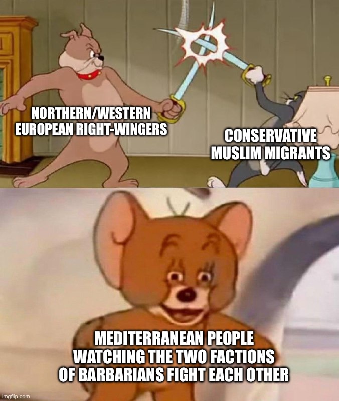 Barbarians | Northern/Western European right-wingers; Conservative Muslim migrants; Mediterranean people watching the two factions of barbarians fight each other | image tagged in tom and jerry swordfight | made w/ Imgflip meme maker