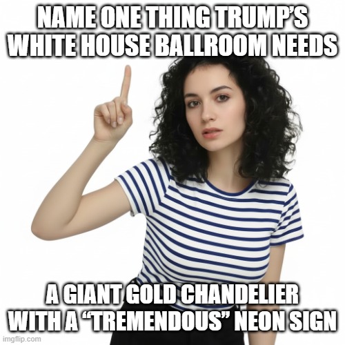 Name One Thing Trump White House Ballroom | Name one thing Trump’s White House ballroom needs; A giant gold chandelier with a “TREMENDOUS” neon sign | image tagged in name one thing,white house ballroom,i hate donald trump,trump sucks | made w/ Imgflip meme maker