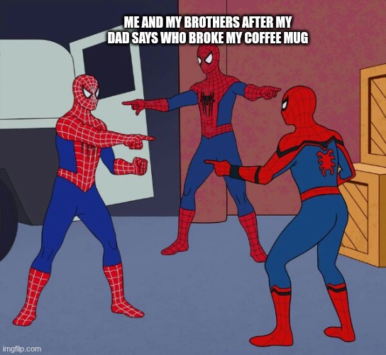 pov: when my dad says who broke my coffee mug | me and my brothers after my dad says who broke my coffee mug | image tagged in spider man triple | made w/ Imgflip meme maker