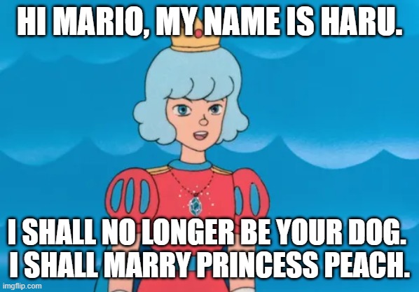 Possibly Great Mission's greatest flaw | hi mario, my name is haru. i shall no longer be your dog. 
i shall marry princess peach. | image tagged in prince haru returns | made w/ Imgflip meme maker
