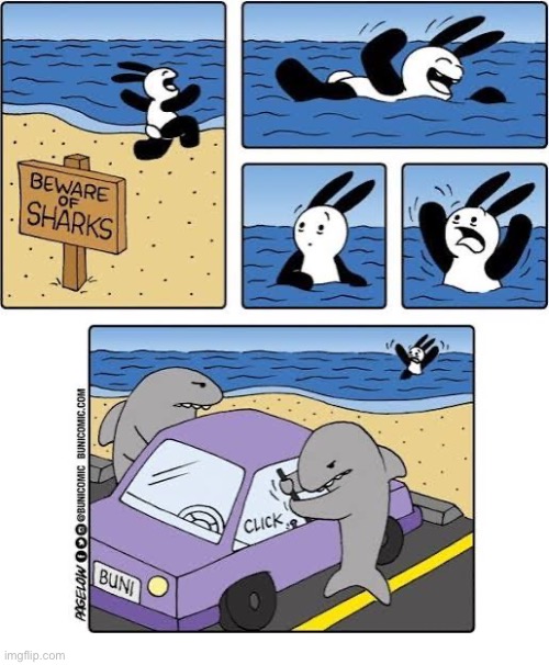 Buni Comics | image tagged in comics,buni comics,beach,swimming,sharks,breaking in | made w/ Imgflip meme maker