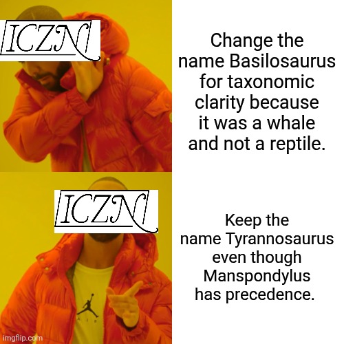 Drake Hotline Bling | Change the name Basilosaurus for taxonomic clarity because it was a whale and not a reptile. Keep the name Tyrannosaurus even though Manspondylus has precedence. | image tagged in memes,drake hotline bling,remix | made w/ Imgflip meme maker