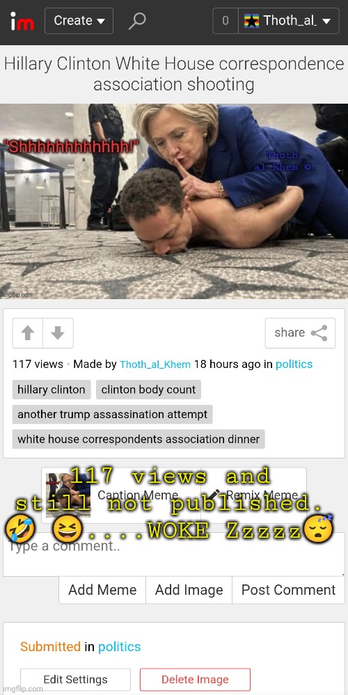 117 views and still not published. | 117 views and still not published. 🤣 😆....WOKE Zzzzz😴 | image tagged in american viking rocks,btw imgflip blocked me from commenting and replying,only way i can communicate with you | made w/ Imgflip meme maker