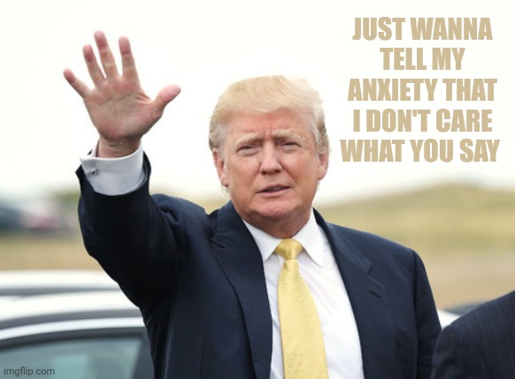Anxiety hurts | Just wanna tell my anxiety that I don't care what you say | image tagged in trump wave | made w/ Imgflip meme maker