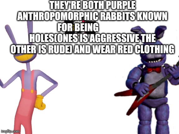 Darn I swear it was all right in the meme generator | They're both purple anthropomorphic rabbits known for being                 holes(ones is aggressive the other is rude) and wear red clothing | image tagged in blank white template | made w/ Imgflip meme maker