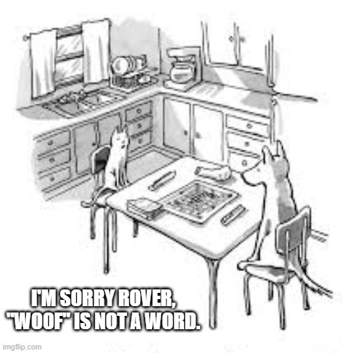 Cat and dog playing Scrabble.   --  funny  -- | I'm sorry Rover, "woof" is not a word. | image tagged in cat,funny,humor,scrabble,games,dogs | made w/ Imgflip meme maker
