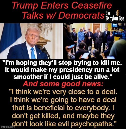 In Other News: After Failed Assassination, Democrats Observe Customary 5-Minute Pause On Calling Trump 'Hitler' | Trump Enters Ceasefire 
Talks w/ Democrats; "I'm hoping they'll stop trying to kill me. 
It would make my presidency run a lot 
smoother if I could just be alive."; And some good news:; "I think we're very close to a deal. 
I think we're going to have a deal 
that is beneficial to everybody. I 
don't get killed, and maybe they 
don't look like evil psychopaths." | image tagged in president trump,democrats,deal,stop,enemy,babylon bee | made w/ Imgflip meme maker
