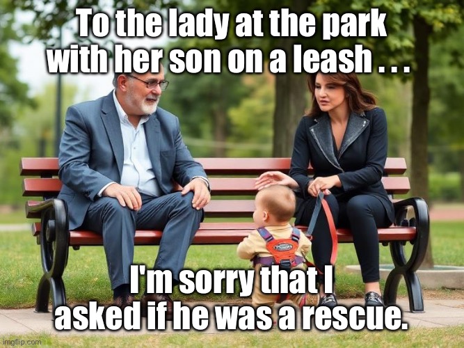 The Woman and Son in the Park | To the lady at the park with her son on a leash . . . I'm sorry that I asked if he was a rescue. | image tagged in img_9396 jpeg | made w/ Imgflip meme maker