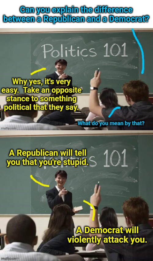 Politics 101 - spot their Party Affiliation | Can you explain the difference between a Republican and a Democrat? Why yes, it's very easy.  Take an opposite stance to something political that they say. What do you mean by that? A Republican will tell you that you're stupid. A Democrat will violently attack you. | image tagged in school,political meme,political humor | made w/ Imgflip meme maker