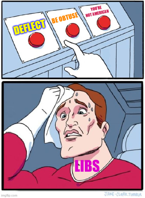 Happens every time | You're not American; Be obtuse; Deflect; libs | image tagged in three buttons,lib troll strategy | made w/ Imgflip meme maker