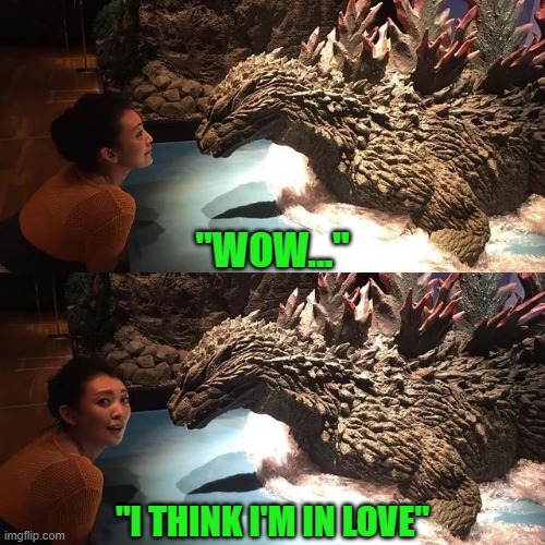 the power of godzilla | "wow..."; "i think i'm in love" | image tagged in girl falls for godzilla jpg | made w/ Imgflip meme maker