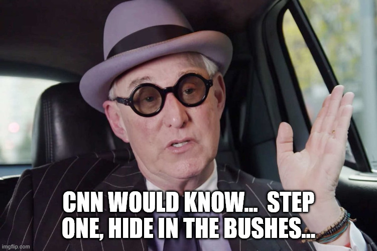 Roger Stone convict | CNN would know...  Step one, hide in the bushes... | image tagged in roger stone convict | made w/ Imgflip meme maker