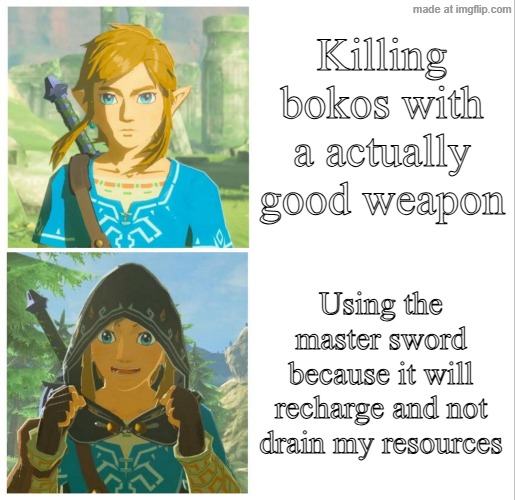 Link Drake Hotline Bling | Killing bokos with a actually good weapon; Using the master sword because it will recharge and not drain my resources | image tagged in link drake hotline bling | made w/ Imgflip meme maker