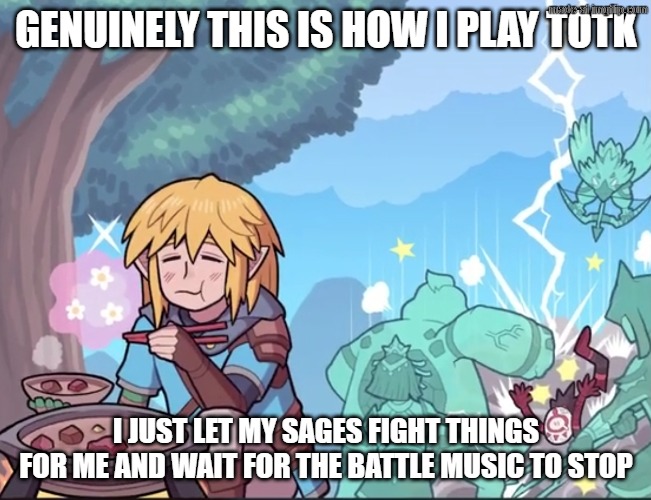 totk playstyle | Genuinely this is how I play totk; I just let my sages fight things for me and wait for the battle music to stop | image tagged in link eat peacefully while the sages beat yiga down,the legend of zelda | made w/ Imgflip meme maker
