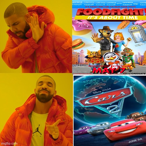 Foodfight has inconsistent animation while Cars 2 has more consistent animation | image tagged in memes,drake hotline bling | made w/ Imgflip meme maker
