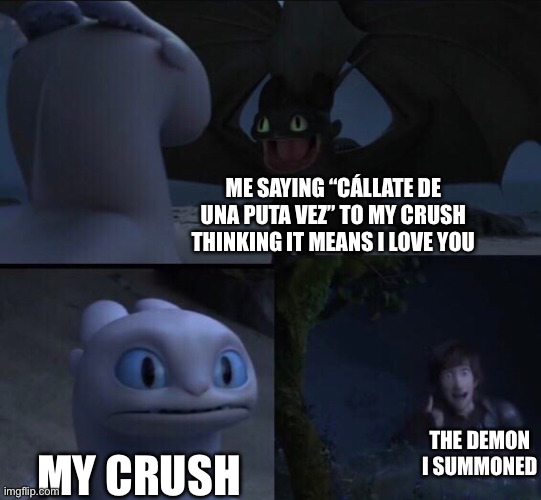 Cállate de una puta vez | Me saying “Cállate de una puta vez” to my crush thinking it means I love you; The demon I summoned; My crush | image tagged in how to train your dragon 3 | made w/ Imgflip meme maker