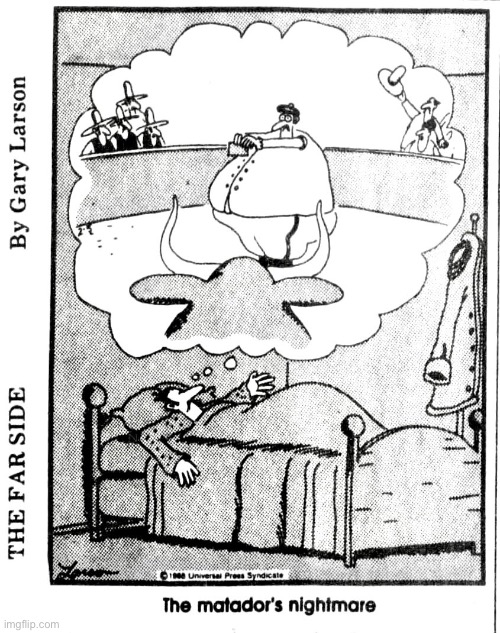 It might be time for a new profession… | image tagged in the far side,comics,matador,nightmare,bull,fat | made w/ Imgflip meme maker