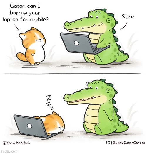 Buddy Gator | image tagged in comics,buddy gator,borrow,laptop,cat,cat nap | made w/ Imgflip meme maker