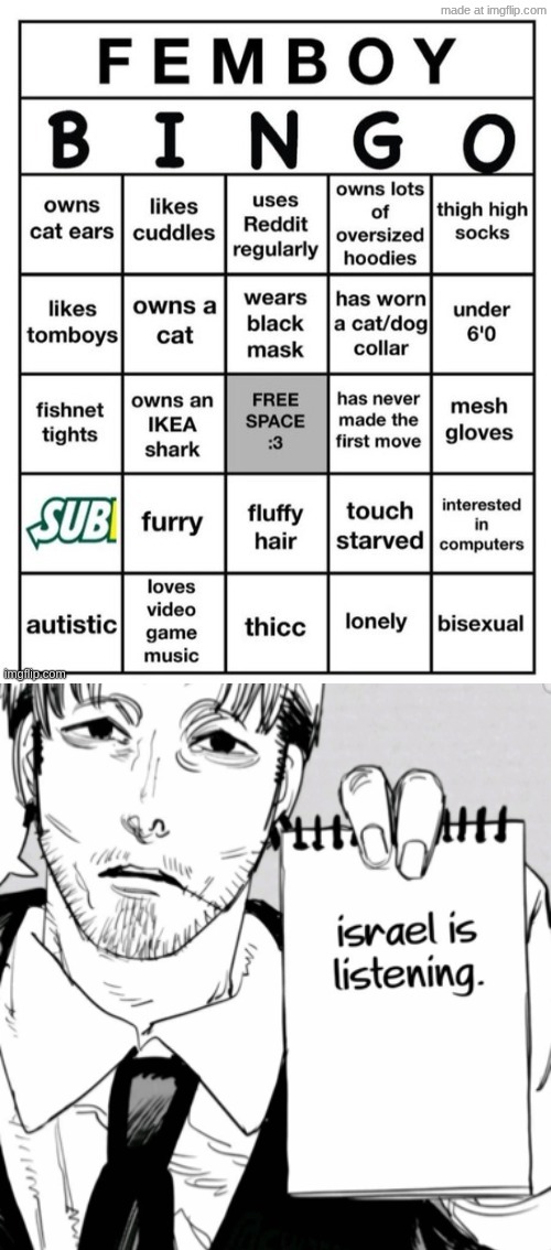 image tagged in femboy bingo,israel is listening | made w/ Imgflip meme maker
