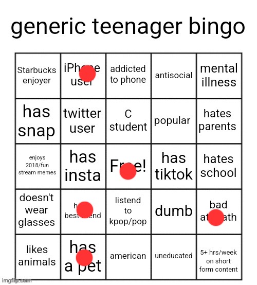 generic teenager bingo | image tagged in generic teenager bingo | made w/ Imgflip meme maker