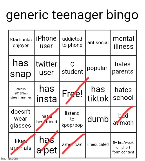generic teenager bingo | image tagged in generic teenager bingo | made w/ Imgflip meme maker