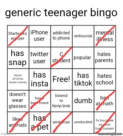 generic teenager bingo | image tagged in generic teenager bingo | made w/ Imgflip meme maker