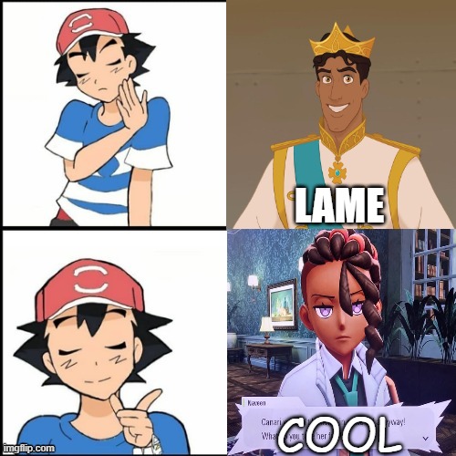 ash ketchum and naveen | lame; cool | image tagged in drake hotline bling but the person is ash from pok mon,naveen,pokemon memes,pokemon legends za,video games,nintendo switch | made w/ Imgflip meme maker