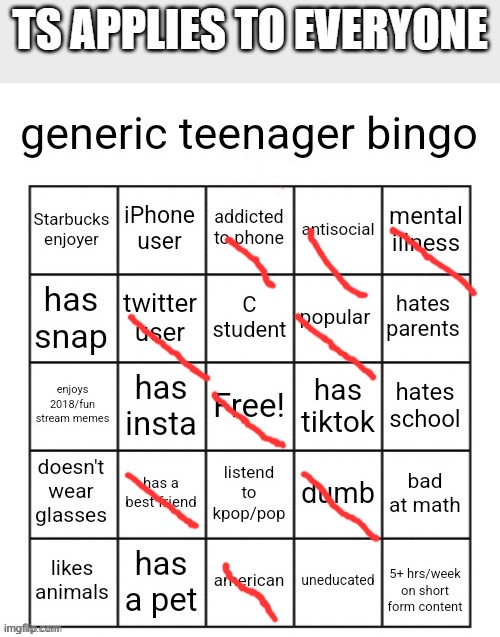 Not just generic teenagers | ts applies to everyone | image tagged in generic teenager bingo | made w/ Imgflip meme maker