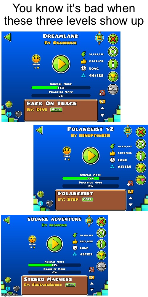 these annoying ahh preventing me from getting the map packs | You know it's bad when these three levels show up | image tagged in geometry dash | made w/ Imgflip meme maker