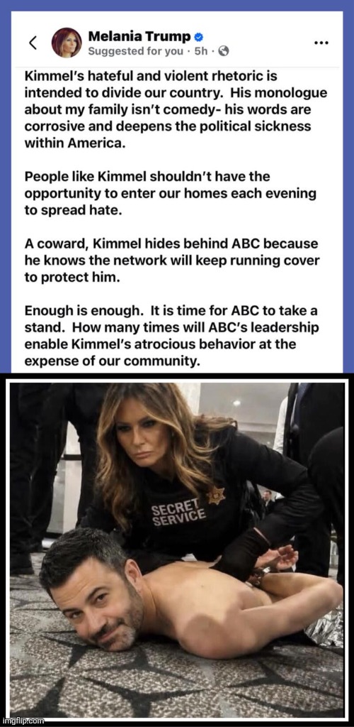 Turnabout is fair play | image tagged in img 42 jpeg,jimmy kimmel,melania trump | made w/ Imgflip meme maker