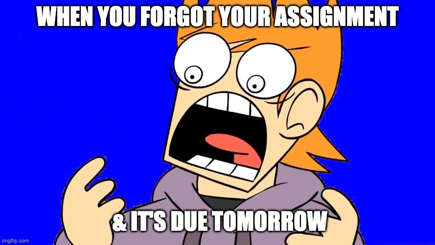 When you forgot your assignment | When you forgot your assignment; & it's due tomorrow | image tagged in matt screaming,assignment,eddsworld,screaming | made w/ Imgflip meme maker