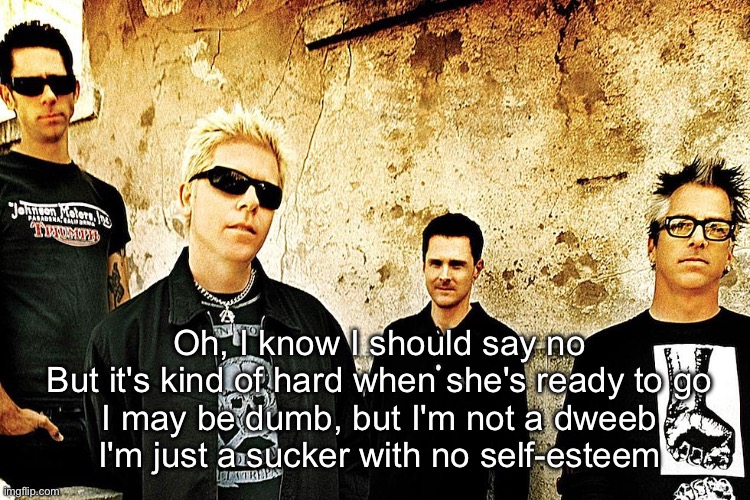 Self Esteem | Oh, I know I should say no
But it's kind of hard when she's ready to go
I may be dumb, but I'm not a dweeb
I'm just a sucker with no self-esteem | image tagged in offspring,self esteem,sucker | made w/ Imgflip meme maker