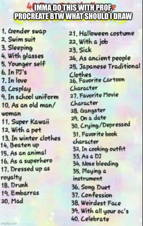 40 day oc challenge | imma do this with prof. procreate btw what should i draw | image tagged in 40 day oc challenge | made w/ Imgflip meme maker