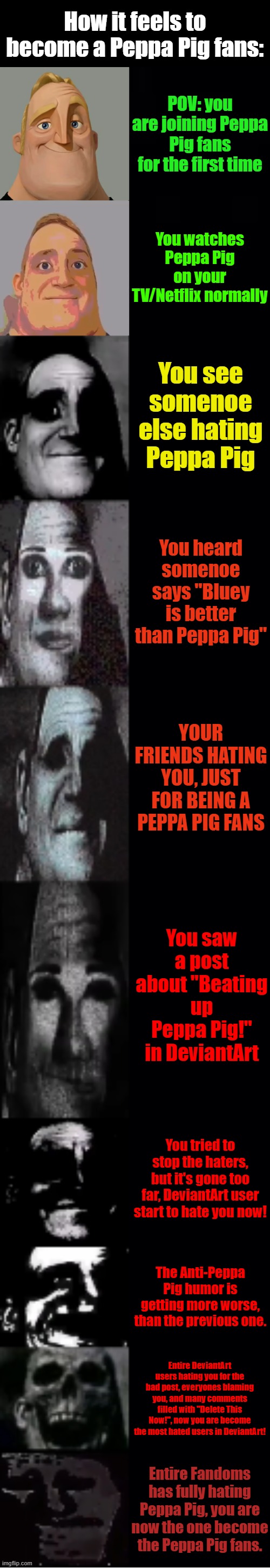 How it feels to become a Peppa Pig fans: | How it feels to become a Peppa Pig fans:; POV: you are joining Peppa Pig fans for the first time; You watches Peppa Pig on your TV/Netflix normally; You see somenoe else hating Peppa Pig; You heard somenoe says "Bluey is better than Peppa Pig"; Your friends hating you, just for being a Peppa Pig fans; You saw a post about "Beating up Peppa Pig!" in DeviantArt; You tried to stop the haters, but it's gone too far, DeviantArt user start to hate you now! The Anti-Peppa Pig humor is getting more worse, than the previous one. Entire DeviantArt users hating you for the bad post, everyones blaming you, and many comments filled with "Delete This Now!", now you are become the most hated users in DeviantArt! Entire Fandoms has fully hating Peppa Pig, you are now the one become the Peppa Pig fans. | image tagged in mr incredible becoming uncanny | made w/ Imgflip meme maker