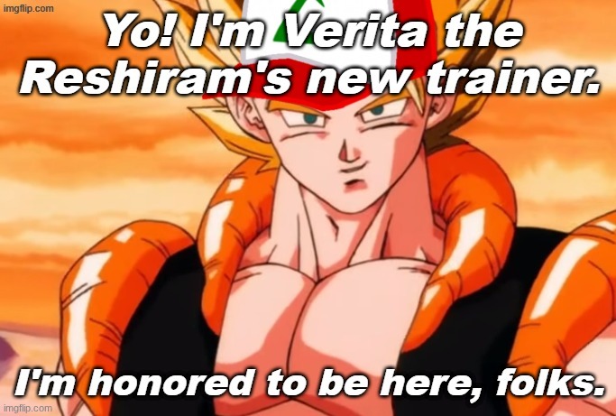 for ItZGogeta_28 because he isn't high enough level to post here yet | image tagged in gogeta,reshiram,pokemon | made w/ Imgflip meme maker