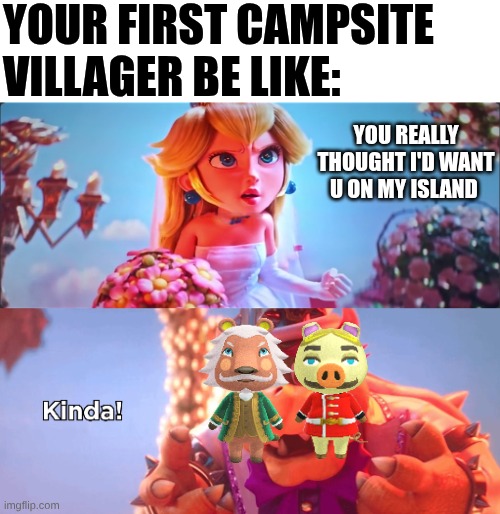 your first campsite villager be like | your first campsite villager be like:; You really thought I'd want u on my island | image tagged in kinda,video games,animal crossing,gaming | made w/ Imgflip meme maker