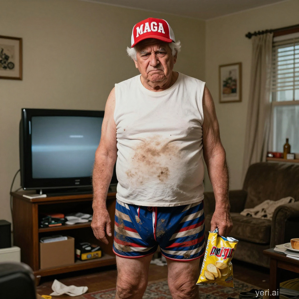 Elderly MAGA fat man in boxer shorts and dirty t-shirt Blank Meme Template