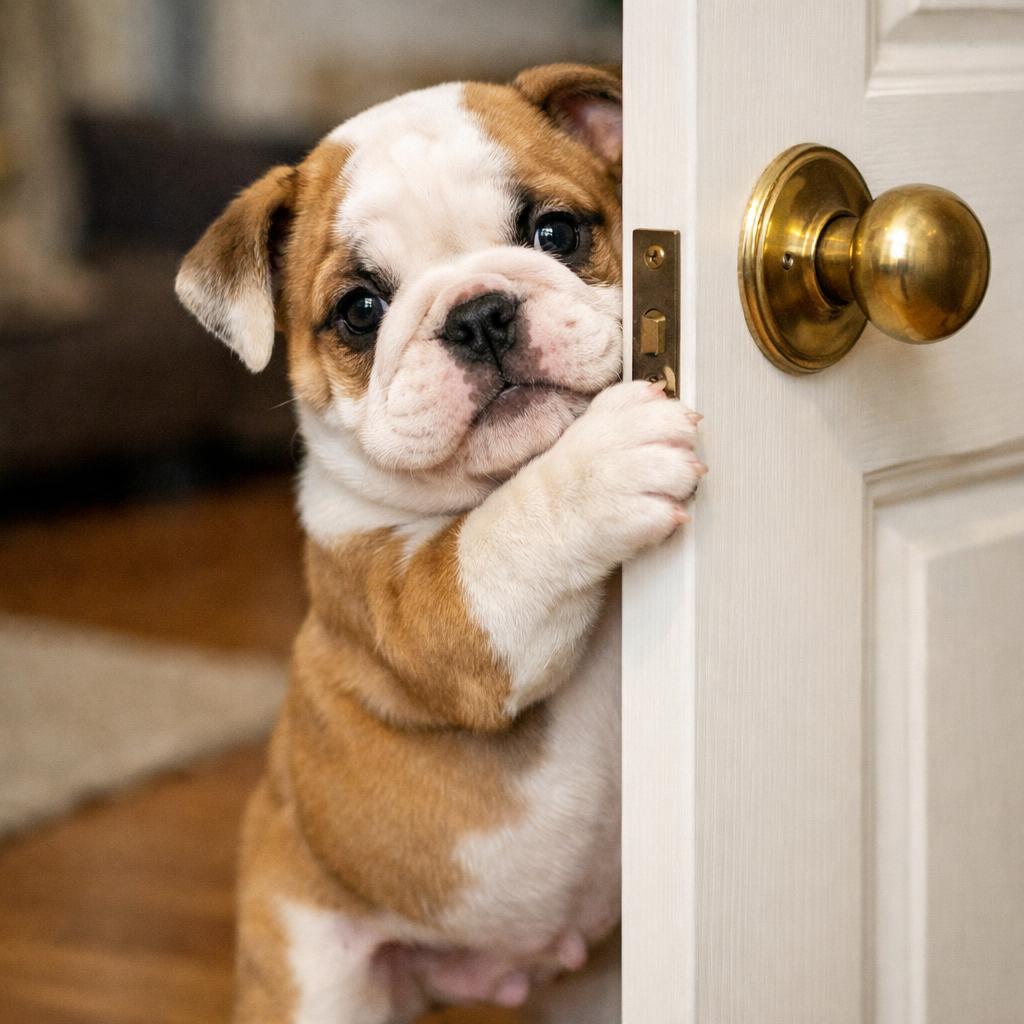 A baby English bulldog holding a door Blank Meme Template