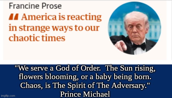 got King Kaos? | "We serve a God of Order.  The Sun rising,
flowers blooming, or a baby being born.
Chaos, is The Spirit of The Adversary."
Prince Michael | image tagged in prince | made w/ Imgflip meme maker