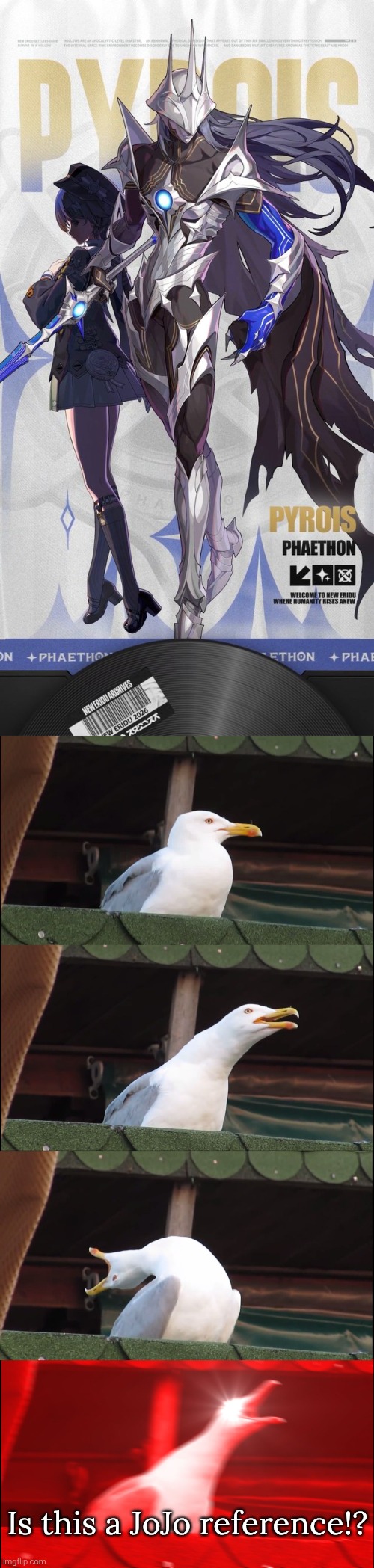 We have now JoJo at Zenless Zone Zero Version! | Is this a JoJo reference!? | image tagged in memes,inhaling seagull,zenless zone zero,jojo | made w/ Imgflip meme maker