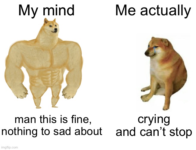 Buff Doge vs. Cheems Meme | My mind; Me actually; man this is fine, nothing to sad about; crying and can’t stop | image tagged in memes,buff doge vs cheems | made w/ Imgflip meme maker