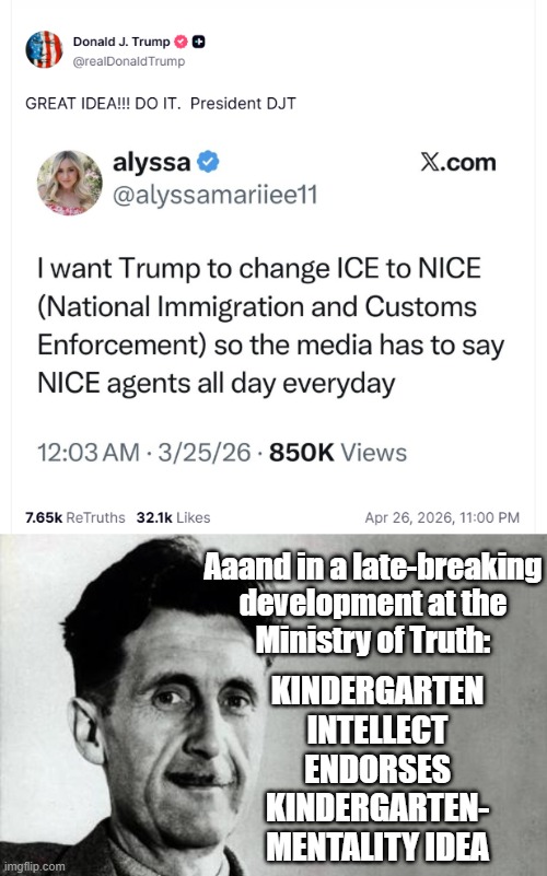Is it 1984 enough for you yet, Trump-cult kids? | Aaand in a late-breaking
development at the
Ministry of Truth:; Kindergarten
intellect
endorses
kindergarten-
mentality idea | image tagged in george orwell,1984,time to wake up | made w/ Imgflip meme maker