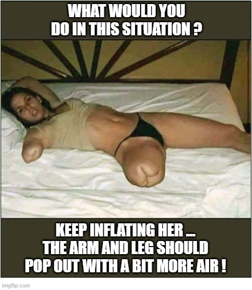 She Invites You Back To Her Place ... | What would you do in this situation ? Keep inflating her ... 
the arm and leg should pop out with a bit more air ! | image tagged in girl,armless,legless,inflation | made w/ Imgflip meme maker