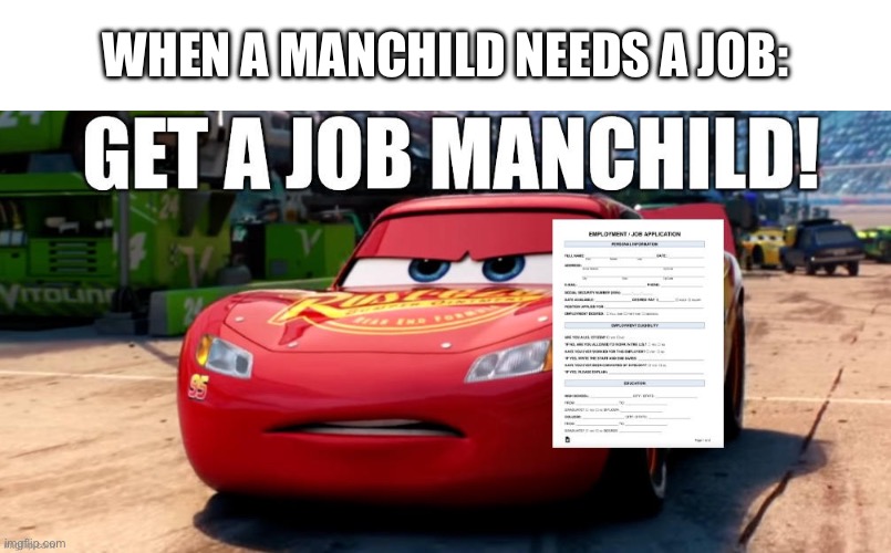 But they probably won’t take it | WHEN A MANCHILD NEEDS A JOB: | image tagged in get a job manchild,get a job,manchild,when the | made w/ Imgflip meme maker