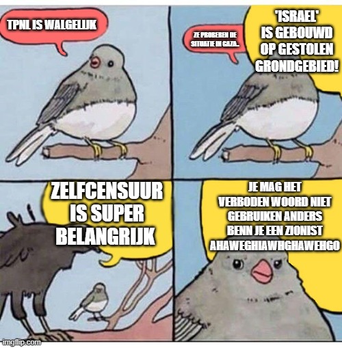 annoyed bird | 'Israel' is gebouwd op gestolen grondgebied! tpnl is walgelijk; ze proberen de situatie in gaza.. ZELFCENSUUR IS SUPER BELANGRIJK; JE MAG HET VERBODEN WOORD NIET GEBRUIKEN ANDERS BENN JE EEN ZIONIST AHAWEGHIAWHGHAWEHGO | image tagged in annoyed bird | made w/ Imgflip meme maker