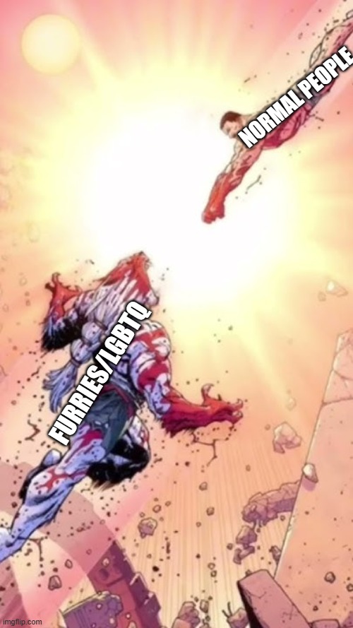 Normal People vs The dark side | Normal people; Furries/LGBTQ | image tagged in battle beast vs thragg | made w/ Imgflip meme maker