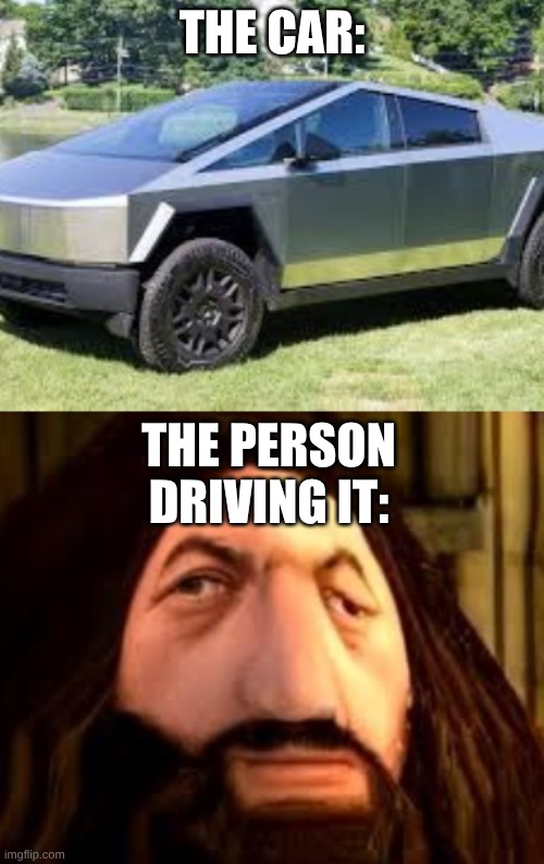 driver of the cybertruck be like | the car:; the person driving it: | image tagged in hagrid,tesla truck,memes | made w/ Imgflip meme maker